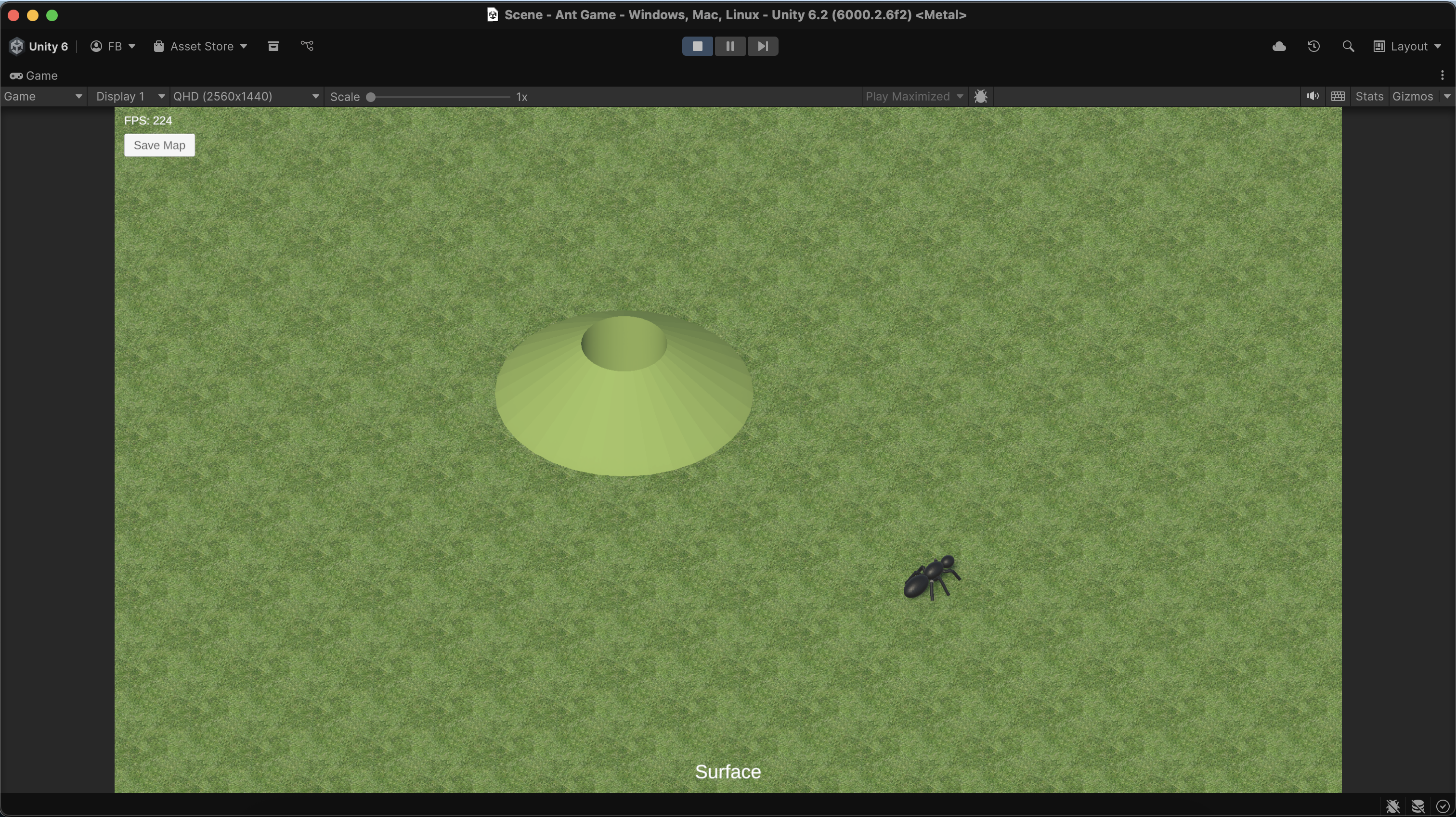 A screenshot of the Unity game engine workspace focused on a green field, an anthill, and a 3D model of an ant