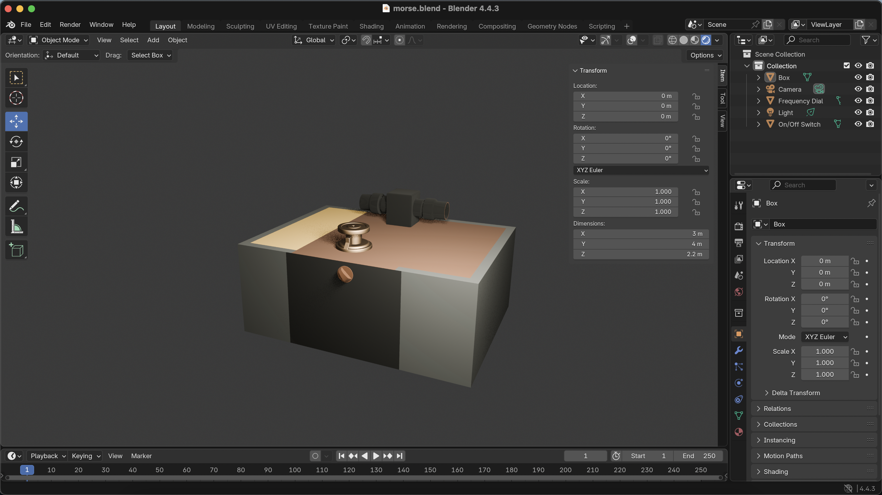 A screenshot of the Blender workspace focused on a 3D model of a Morse code transmitter-receiver